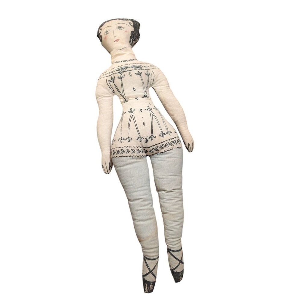 Antique-Style Sleep and Awake Sides Cloth Doll w/Victorian-Inspired Print Dress